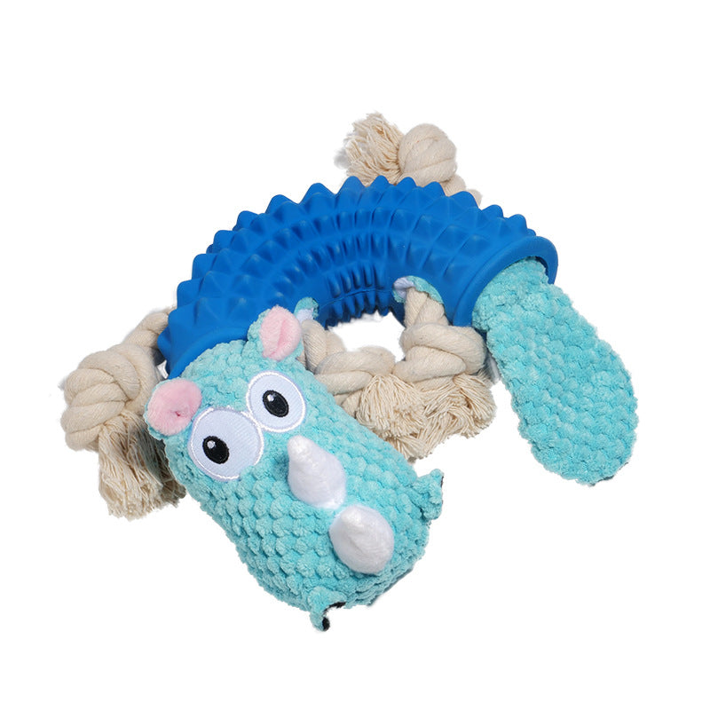 Rhinoceros Plush and Rubber Dog Chew Toy with Rope