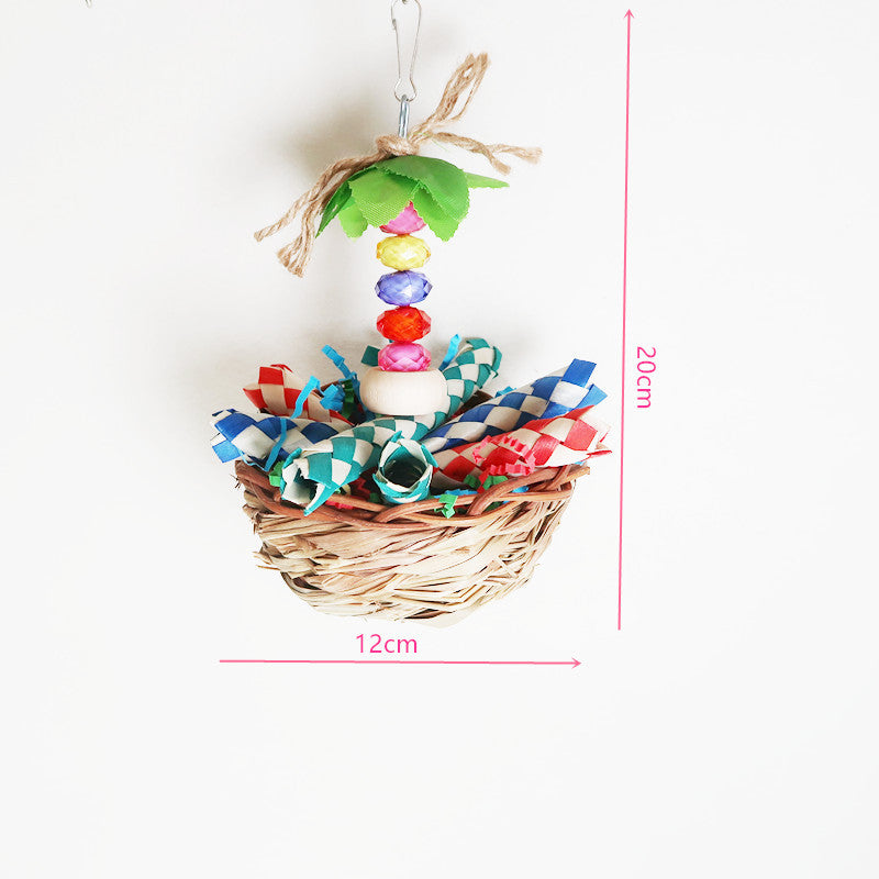 Natural Wood Parrot Chew Toy Straw Hanging Cage Accessory 2