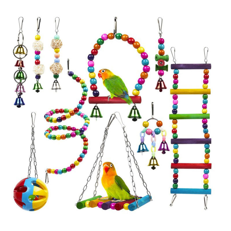 Wooden Parrot Toy Set Hanging Bird Cage Accessories 10 Pack