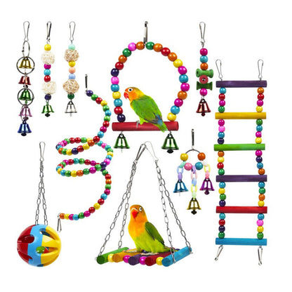 Wooden Parrot Toy Set Hanging Bird Cage Accessories 10 Pack
