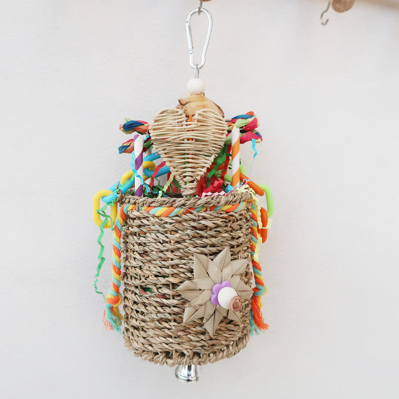 Natural Straw Parrot Foraging Bucket Hanging Bird Cage Toy 3