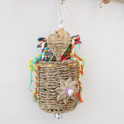 Natural Straw Parrot Foraging Bucket Hanging Bird Cage Toy 3