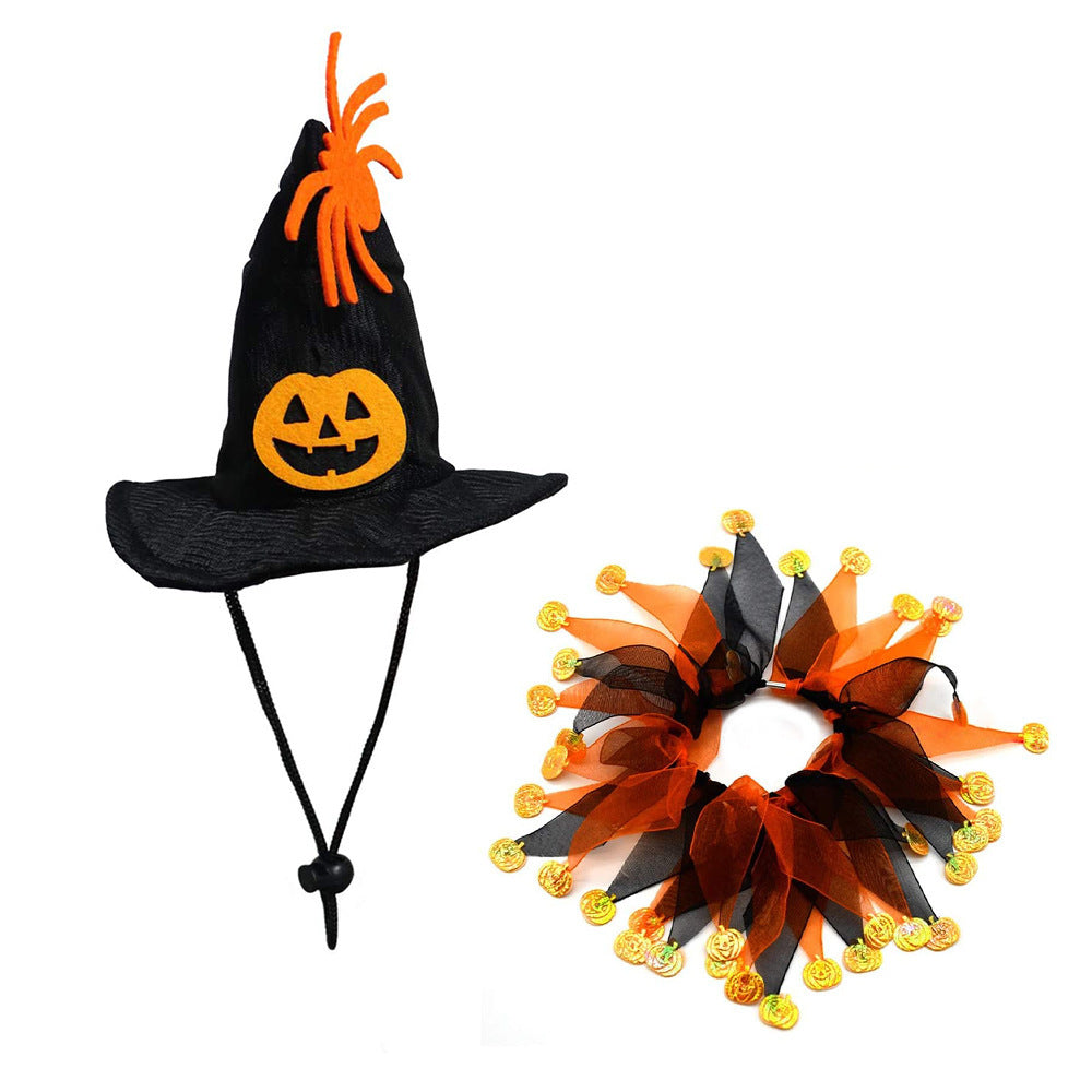 Cloth Cat Collar Halloween Pumpkin Hat and Scarf Set 4