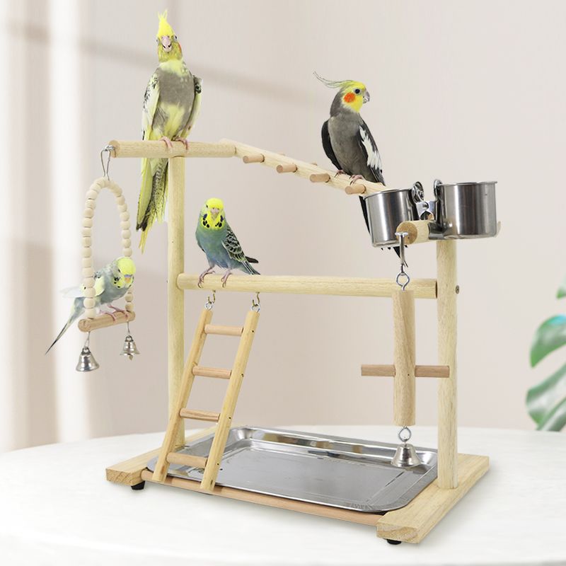 Wooden Parrot Swing Shelf Cage Toy with Ladder and Bells 40x24x9cm