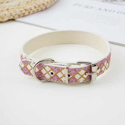 Plaid Sequins PU Dog Collar Adjustable Sizes S to XL 10