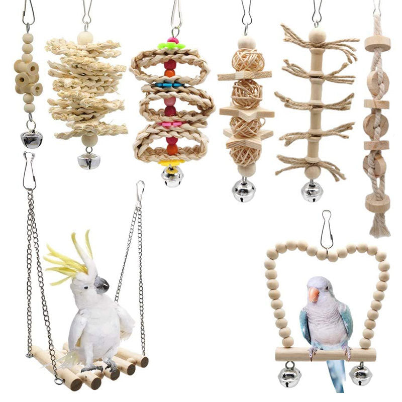 Wooden Parrot Toy Set Perch Swing Hanging 8 Pack