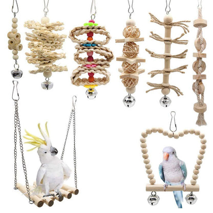 Wooden Parrot Toy Set Perch Swing Hanging 8 Pack