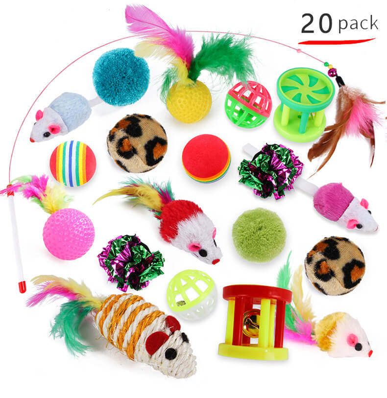 Cat Toys Set 20 Pack Assorted Plush Ball Feather Variety