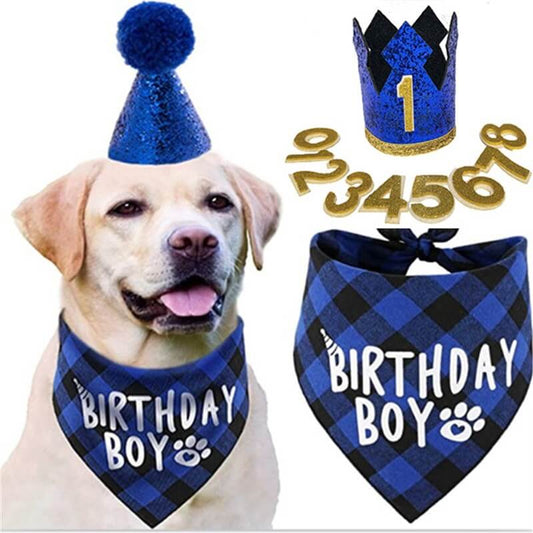 Adjustable Dog Bandana Birthday Scarf Hat and Bow Tie Set