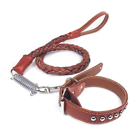 Leather Dog Collar with Cowhide Traction Rope Adjustable Sizes