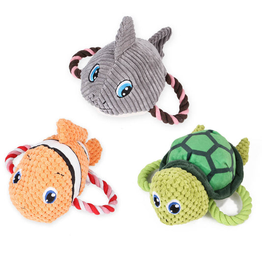Plush Dog Toy Squeaky Fish with Rope Handle