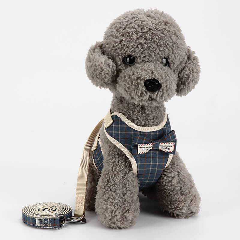 Cotton Dog Harness Adjustable with Decorative Bow and Leash