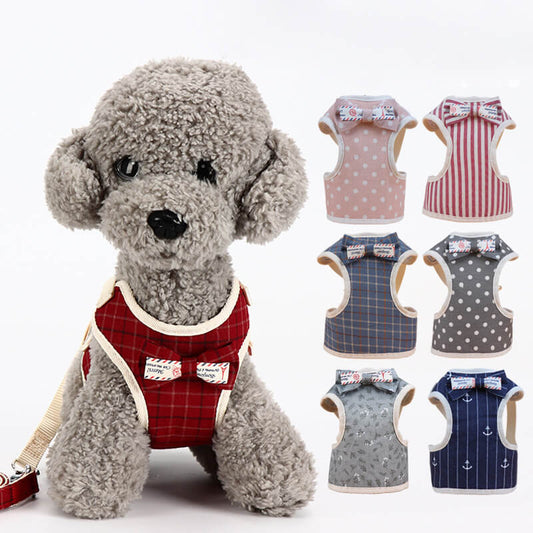 Cotton Dog Harness Adjustable with Decorative Bow and Leash