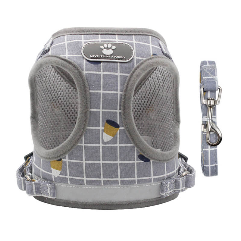 Plaid Adjustable Dog Harness Soft Mesh Vest with Leash