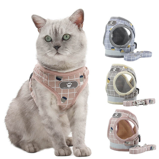 Plaid Adjustable Dog Harness Soft Mesh Vest with Leash