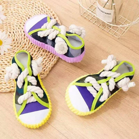 Canvas Dog Chew Toy Squeaky Shoe with Cotton Rope