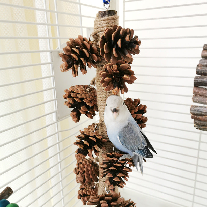 Wooden Parrot Chew Toy Skewers with Pine Cones Hanging Cage Accessory 2