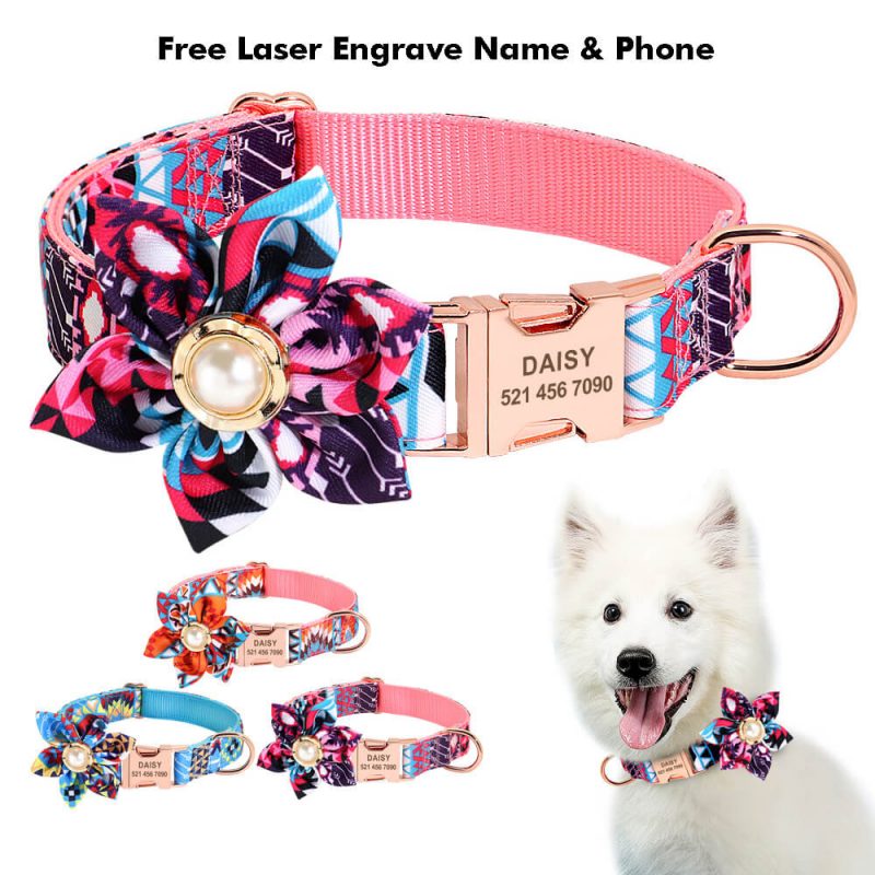 Custom dog cat flower collars free laser engrave name and phone