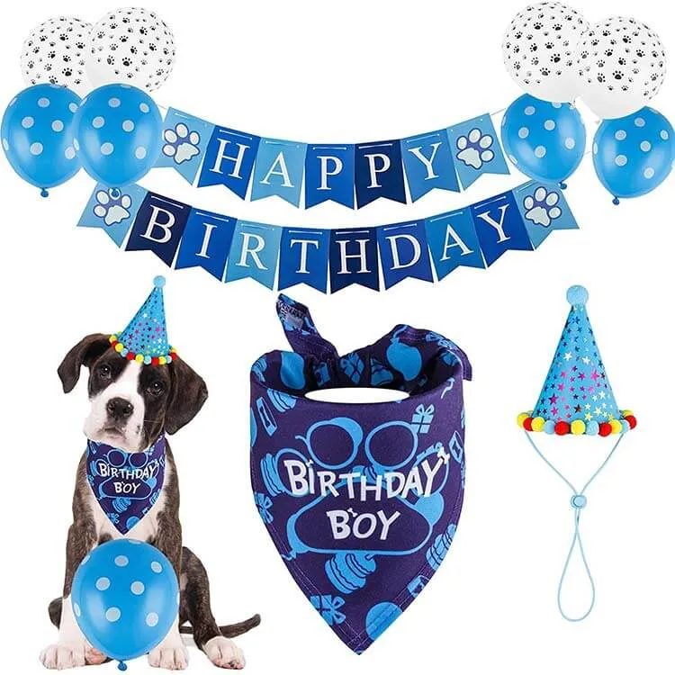Dog Birthday Party Supplies Set Balloons Banner Hat Bandana Blue