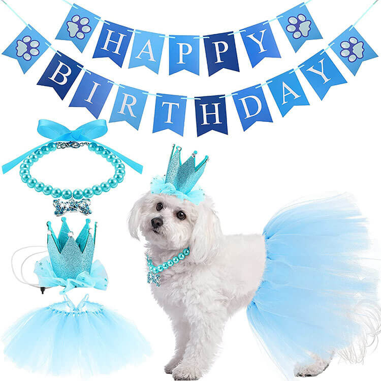 Dog Birthday Party Supplies Set Banner Necklace Hat Skirt Blue