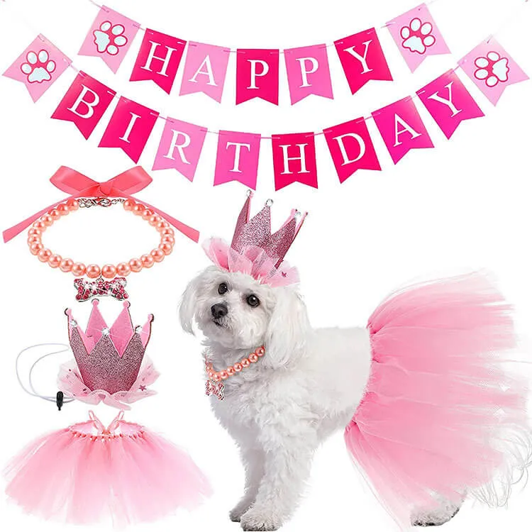 Dog Birthday Party Supplies Set Banner Necklace Hat Skirt Pink