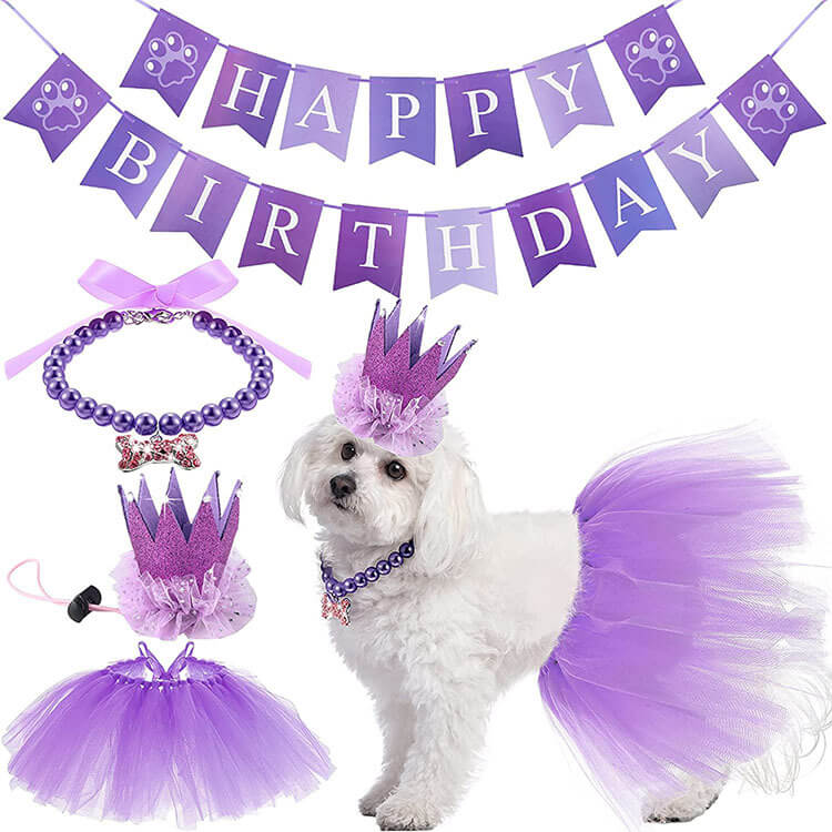 Dog Birthday Party Supplies Set Banner Necklace Hat Skirt Purple